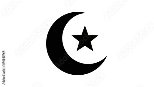 A black star symbol positioned within a crescent moon on a white background with icon and logo and graphic and simple and shape and design and element