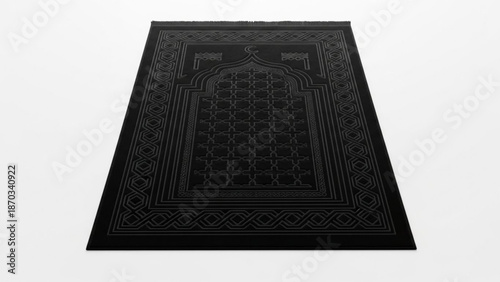 Black islamic prayer mat with intricate geometric pattern and arch design on white background for religious and cultural practices with black prayer mat