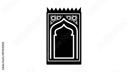 Black and white islamic archway design with intricate patterns and pointed arches on a white background for cultural or religious themes with cultural design