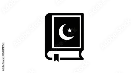 Islamic holy book symbol with crescent moon and star on cover with religion and graphic and illustration and black and white and simple and icon