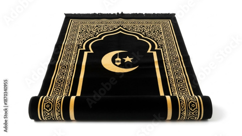 Islamic prayer mat with gold crescent moon and star design on black background rolled up with muslim prayer mat and gold and black and rolled up mat