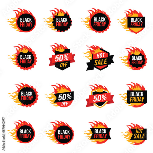 Set of Flaming Sale Badges and Hot Deal Labels for Black Friday and Special Promotions