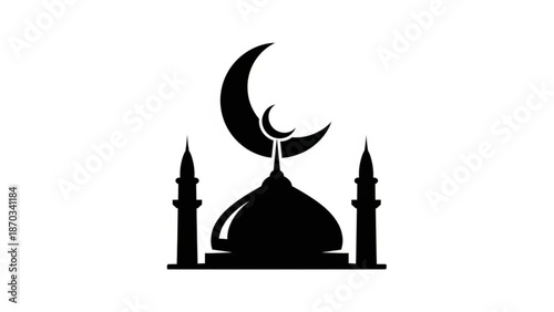 Black silhouette of mosque with crescent moon icon on white background islamic symbol with ramadan and muslim and religion and faith and eid