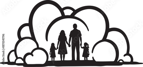 Family Silhouette with Heart Shaped Clouds Background
