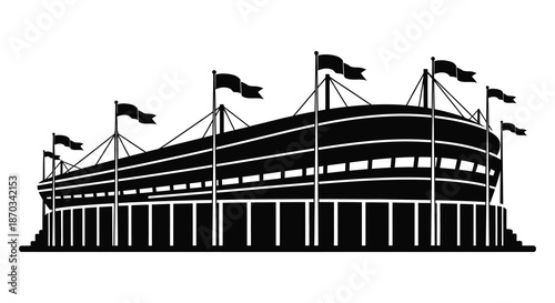Detailed stadium illustration with waving flags a striking black and white silhouette
