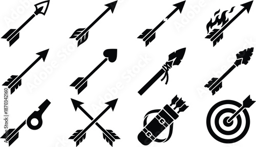 Archery and Arrow Silhouette Set - Medieval Bow, Cupid Love, Target Bullseye, and Tribal Spear Icons
