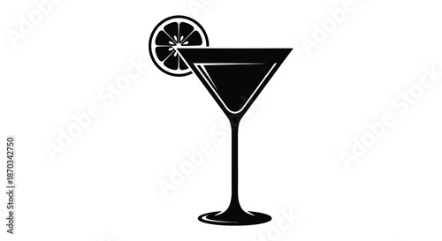 A striking black silhouette of a classic cocktail glass with a citrus garnish silhouette
