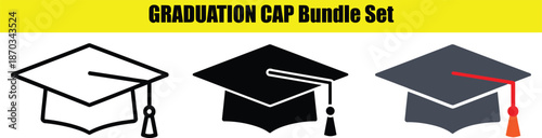 Three representations of a graduation cap with a tassel are presented in outline, solid black, and colored variations.
