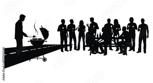 A summer barbecue scene with people gathered around a grill depicted as a silhouette