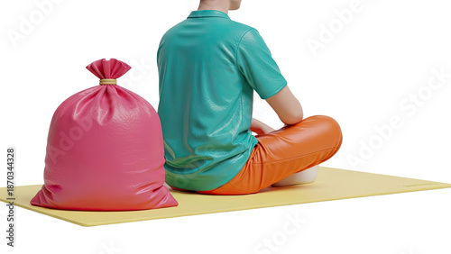 Person in Colorful Outfit Sitting Next to a Pink Trash Bag