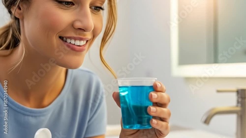 Woman pouring mouthwash into cup for morning dental hygiene routine.