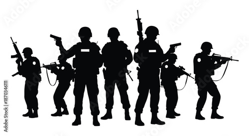 Group of soldiers in combat stances weapons drawn a striking black silhouette