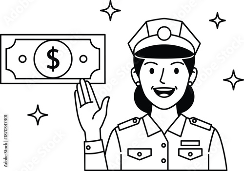 Cartoon policewoman holding dollar bill