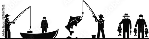 Fishing activity silhouette sequence, anglers catching fish from boat and shore, freshwater sport fishing concept, black vector illustration, outdoor recreation scene