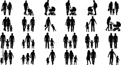 Family walking silhouettes collection, parents with children and baby strollers, daily life parenting activities, isolated black vector illustration set on white background lifestyle concept