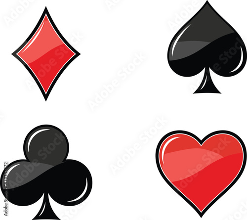 Glossy playing card suit icons spade heart club diamond symbols isolated vector illustration for casino poker game design template branding