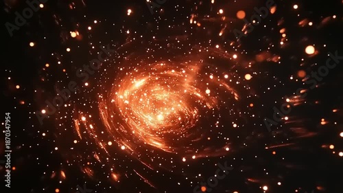 Fiery abstract spiral vortex of glowing particles in dark space