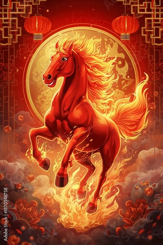 Fire Horse of Prosperity – Chinese New Year Zodiac Horse Illustration in Red and Gold