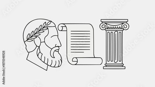 Ancient Greek Philosopher Bust Scroll and Column Illustration.
