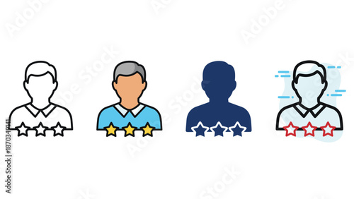 Four distinct user profile icons with star ratings, from outline to solid styles, presented on white.