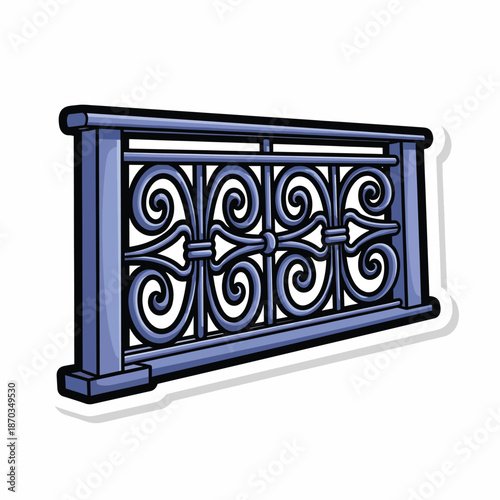 A blue ornamental railing with scrollwork
