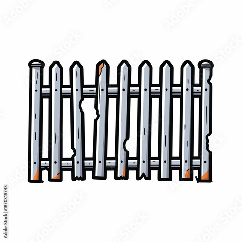 A broken gray picket fence with damaged boards