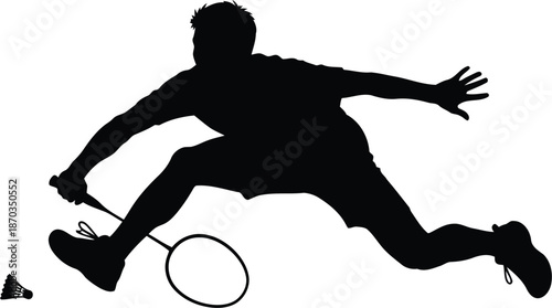 Dynamic silhouette of a badminton player lunging for the shuttlecock in intense action