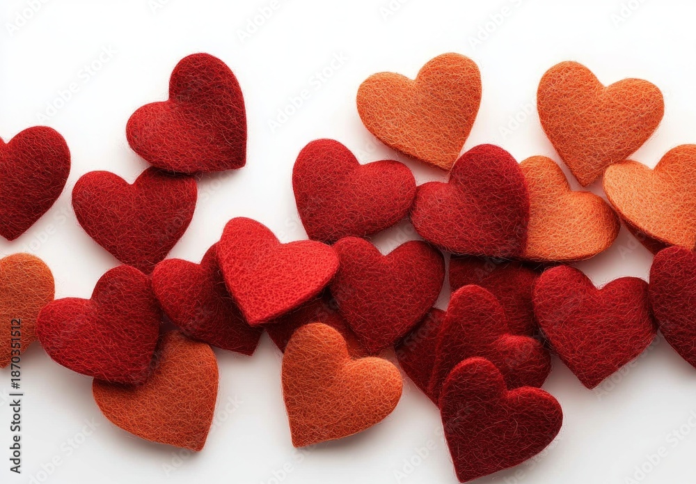 Obraz premium scattered red and orange felt heart shapes on a white background conveying warmth and affection
