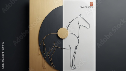Year of the horse elegant line art design on white and gold background with black circle with elegant design and minimalist and zodiac and chinese new year