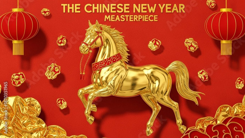 Golden horse with red lanterns and coins on red background for chinese new year celebration decoration with Gold coins and Lucky horse and Asian culture