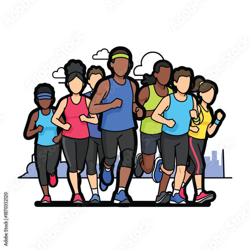 A diverse group of people jogging together outdoors