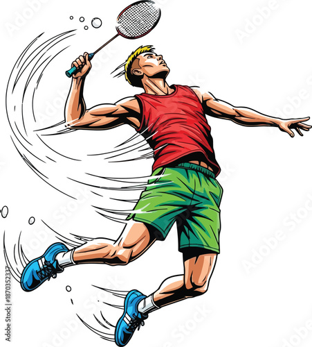 Dynamic badminton player jumps high to smash the shuttlecock with powerful precision