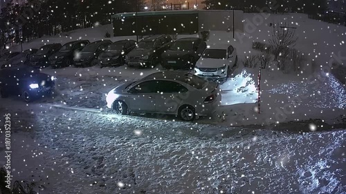 Parking near the house at night in winter. Cars in the snow. Falling snowflakes. The effect of falling snowflakes.