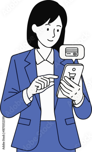 Woman Using Mobile Online Payment, Business Digital Transaction Concept, Flat Cartoon Illustration Style