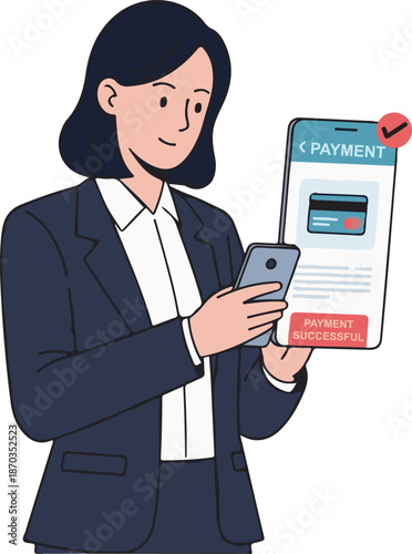 Woman Using Mobile Online Payment, Business Digital Transaction Concept, Flat Cartoon Illustration Style