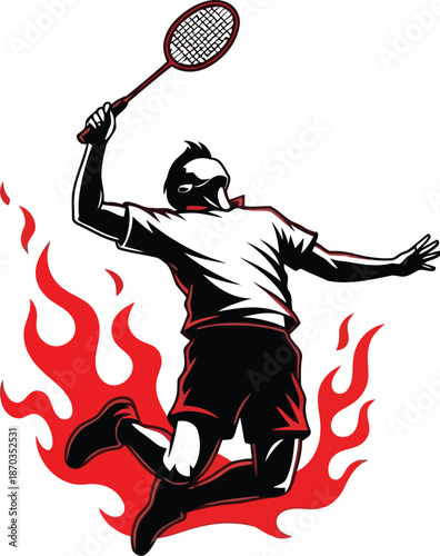 Dynamic badminton player leaping through flames, capturing the intensity of sport