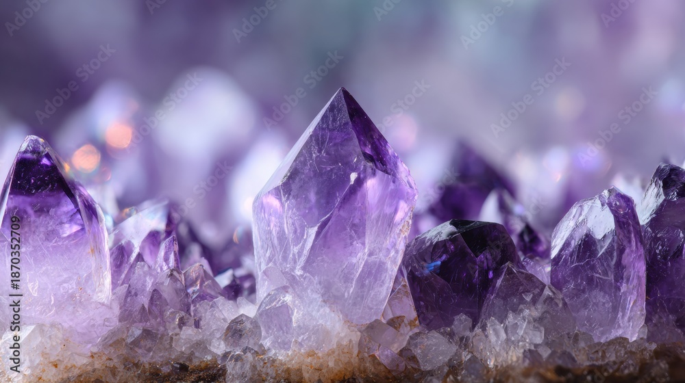 Fototapeta premium Vibrant Purple Amethyst Geodes Reveal Crystal Growth Texture in Macro Detail Showcasing Geometric Patterns of Mineral Wonder