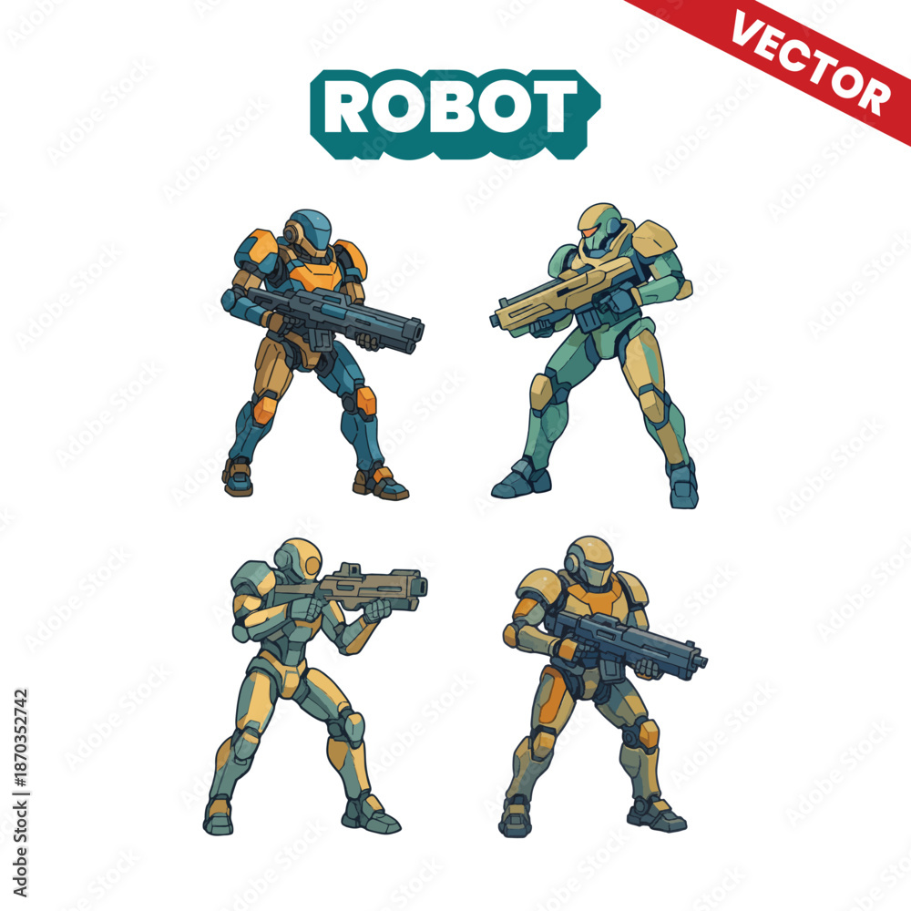 Fototapeta premium Robot Soldier Character Sprite Sheet Collection Green Armor Set