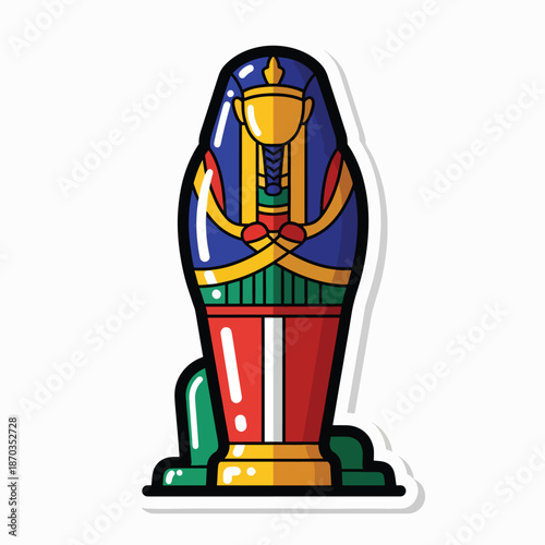 A colorful cartoon sarcophagus with intricate designs