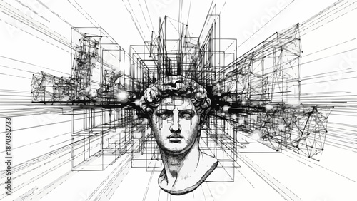 Ancient Greek sculpture head with architectural blueprint lines radiating outwards.