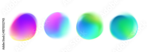 Set of abstract organic gradient blobs featuring vibrant color transitions including pink, purple, blue, green, and cyan on a clean white background.
