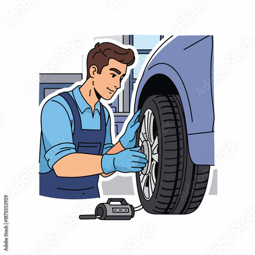 A man in a blue uniform fixing a car tire