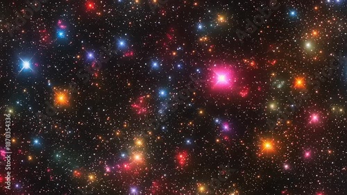 Dense field of multicolored celestial bodies against a dark void