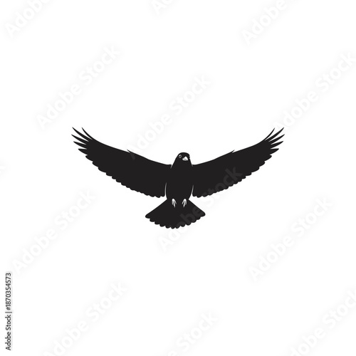 Minimalist black silhouette illustration of a majestic bird of prey in full flight, wings outstretched, embodying concepts of freedom, power, and natural beauty