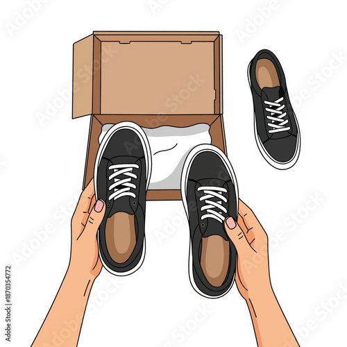 A person holds shoes from a box