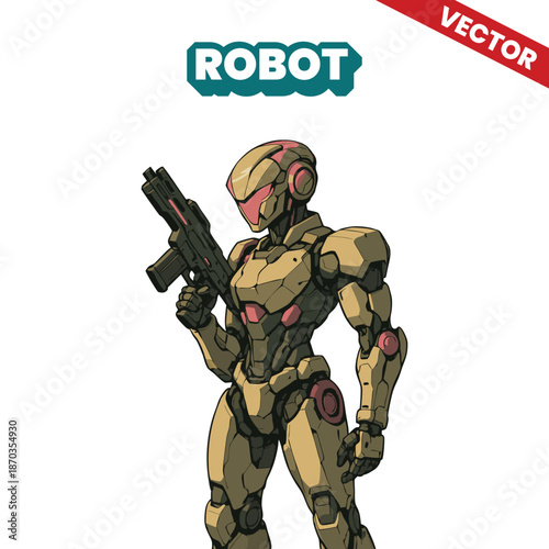 Female Sci-Fi Cyborg Character, Armored Space Marine Robot, Vector Futuristic Soldier.