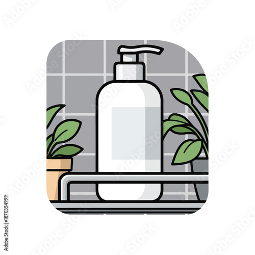 A bathroom soap dispenser and green plants