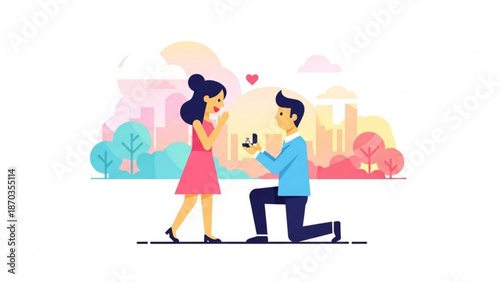 Man proposing marriage to woman with engagement ring romantic couple in city park flat vector illustration for love and relationship concepts