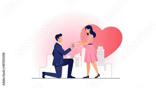 Man proposing marriage to woman with engagement ring romantic proposal scene with city skyline and heart illustration for love and relationship concepts
