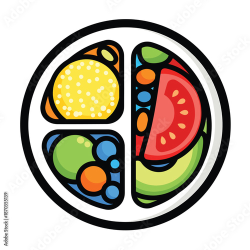 A colorful plate with various food
